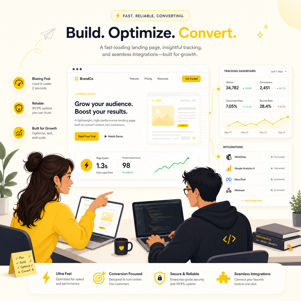 Full-stack development support illustrated with landing pages, tracking, and integrations for marketing teams.