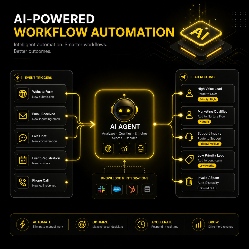 AI-powered workflow automation illustrated with event triggers, routing, and reusable campaign systems.