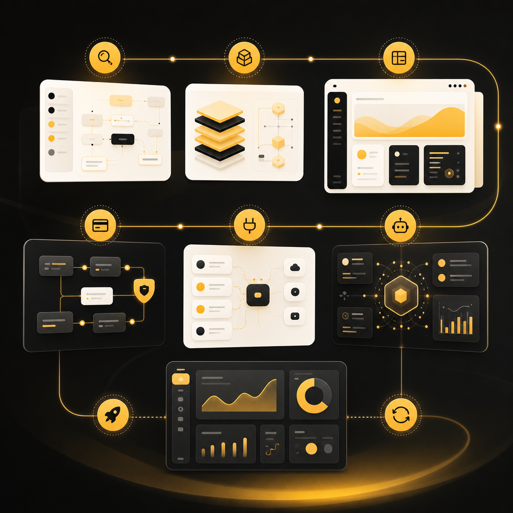 Abstract multi-step SaaS development and automation process illustration with connected workflow cards.