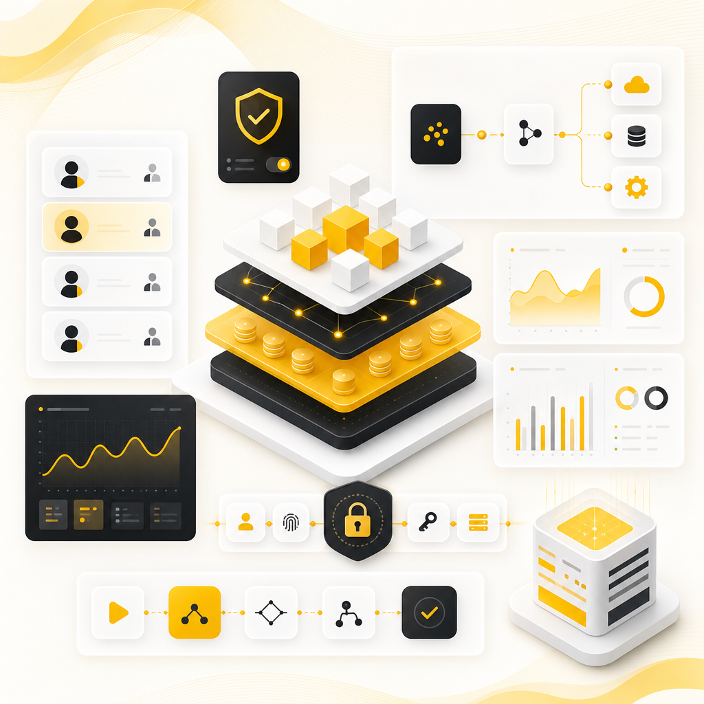 Abstract SaaS architecture and workflow integration illustration with dashboard-style cards and analytics tiles.