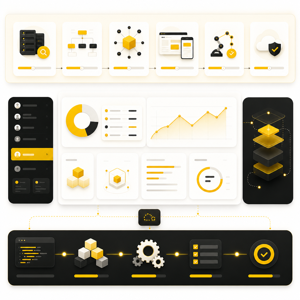 Phased modernization roadmap illustration with integration flows, workflow cards, and deployment dashboard panels.