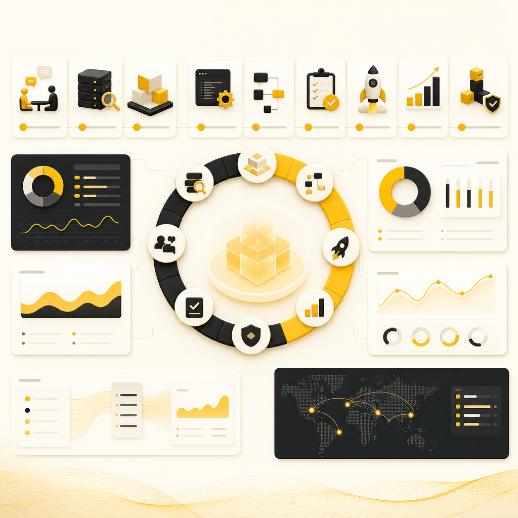 Modernization project workflow illustration with audit, architecture, automation, testing, deployment, and scaling dashboards.