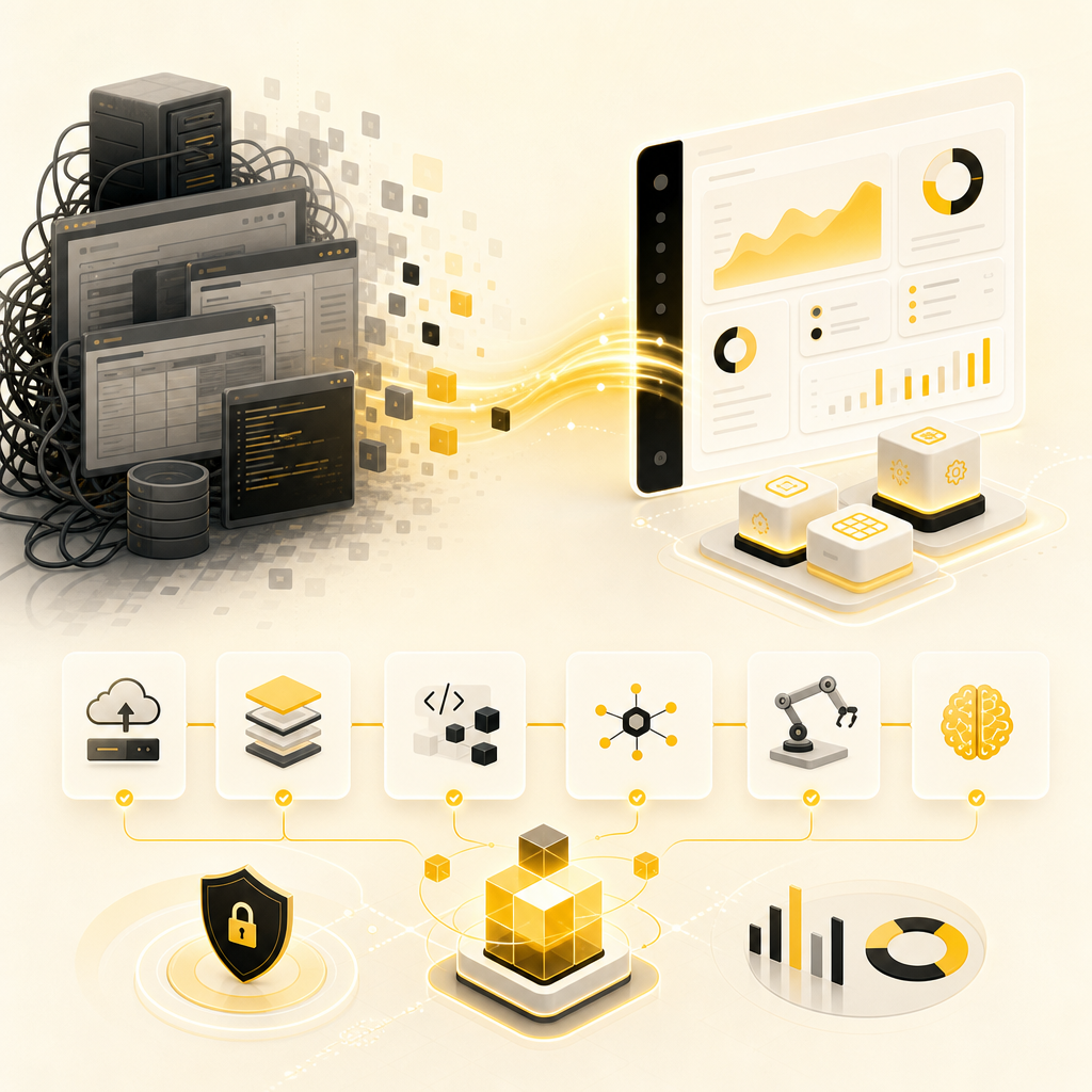 Modern application dashboard illustration showing legacy systems connected to modular workflows and analytics.