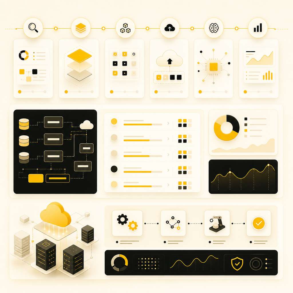 Phased legacy modernization roadmap dashboard with migration and automation workflow cards