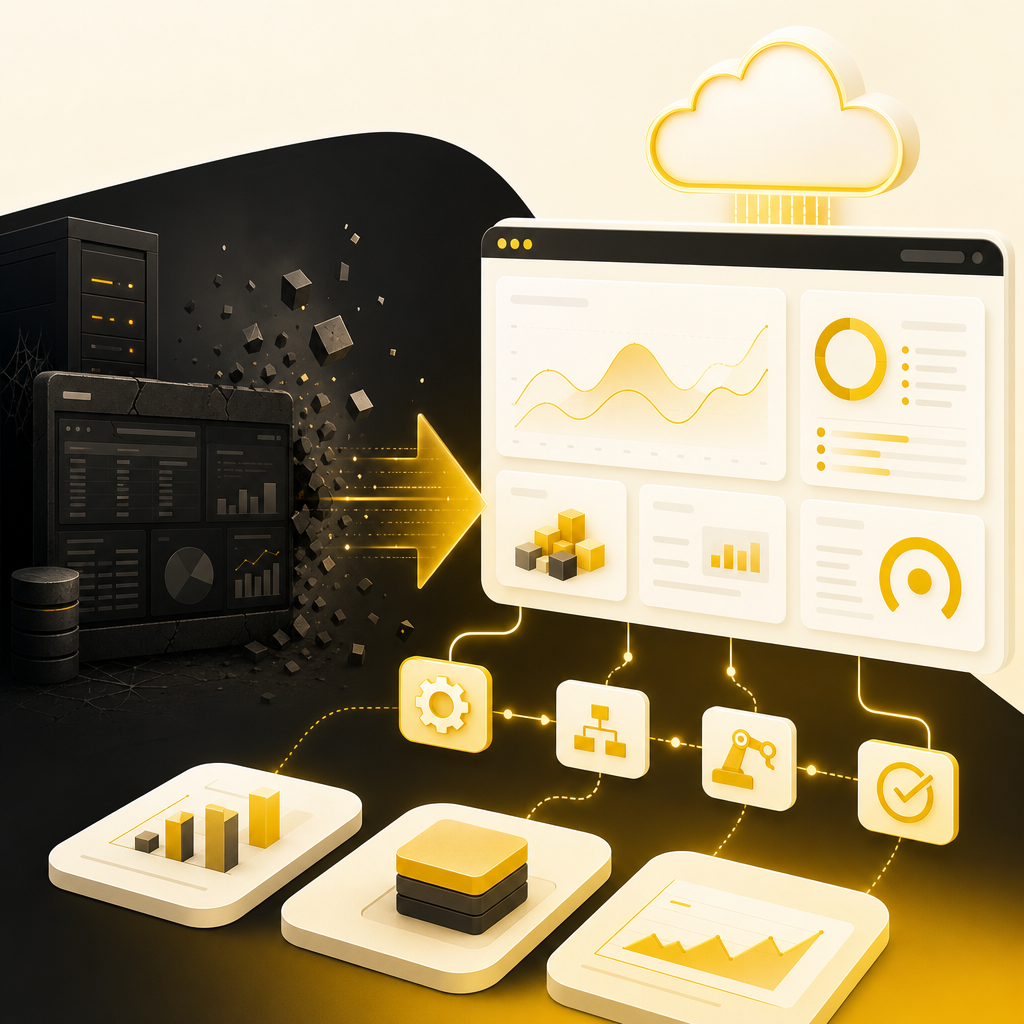 Modern cloud migration and automation dashboard illustration for legacy system modernization