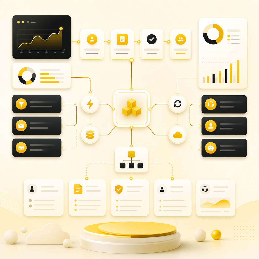 Process automation dashboard showing connected workflows and data synchronization