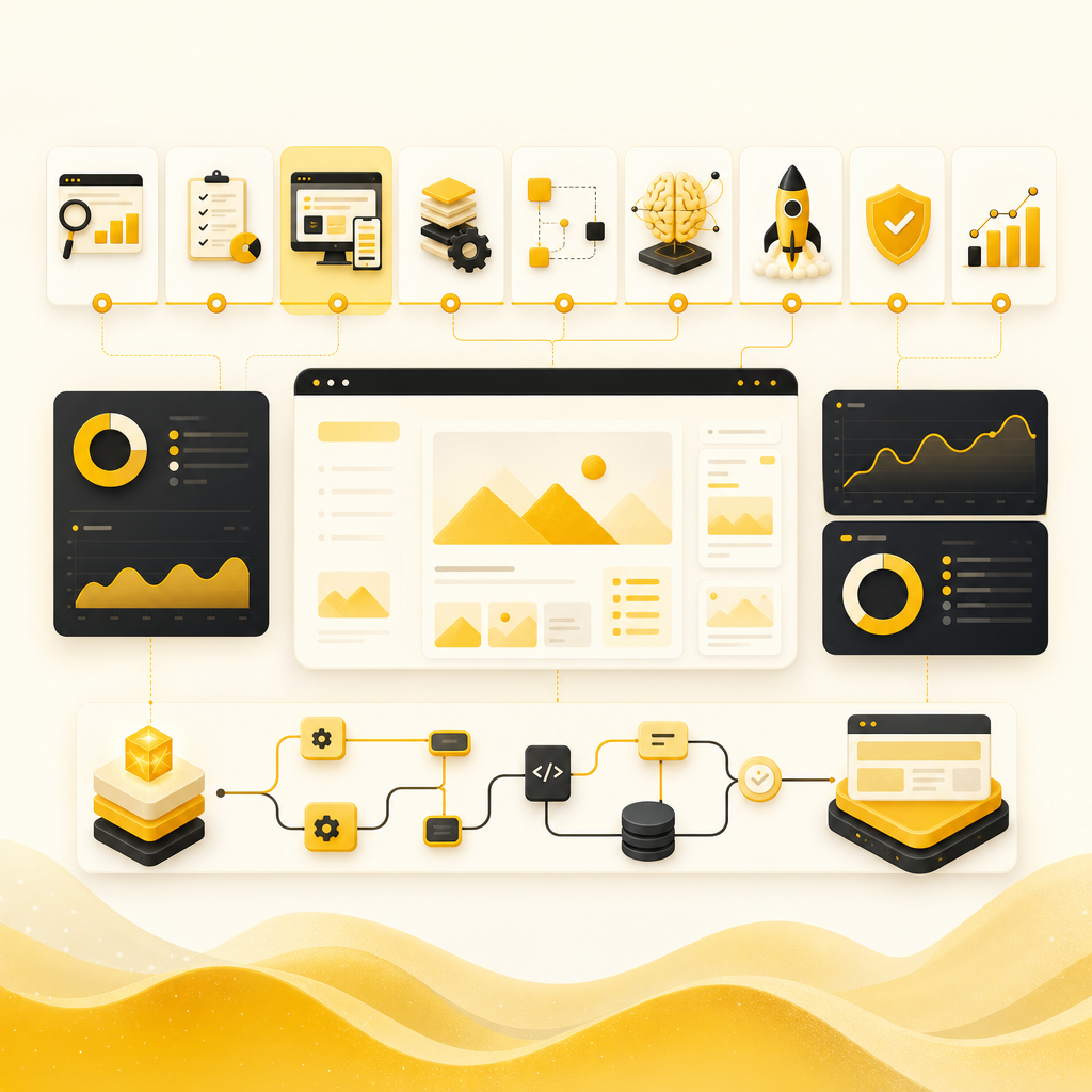 Modernization process dashboard with connected workflow milestones from audit to launch