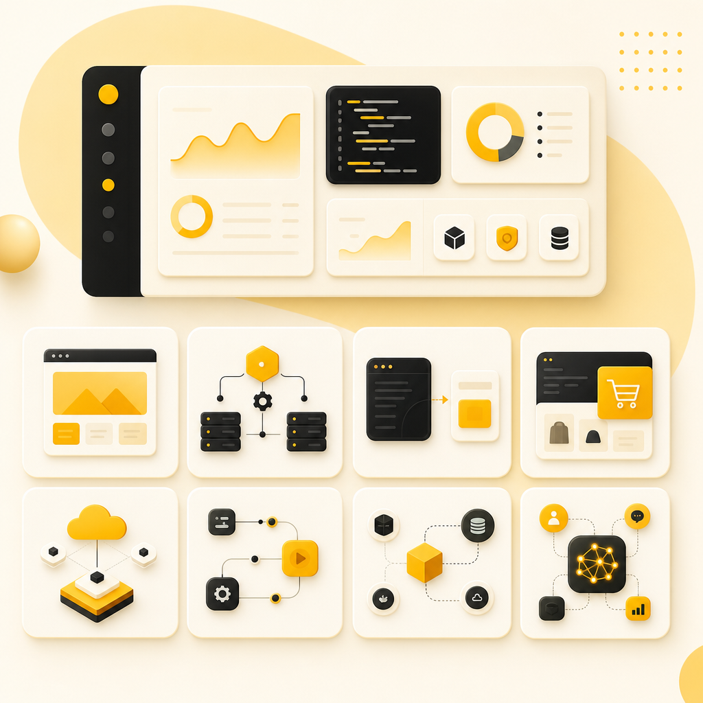 Service dashboard showing full-stack development, API integration, SaaS, e-commerce, and automation modules