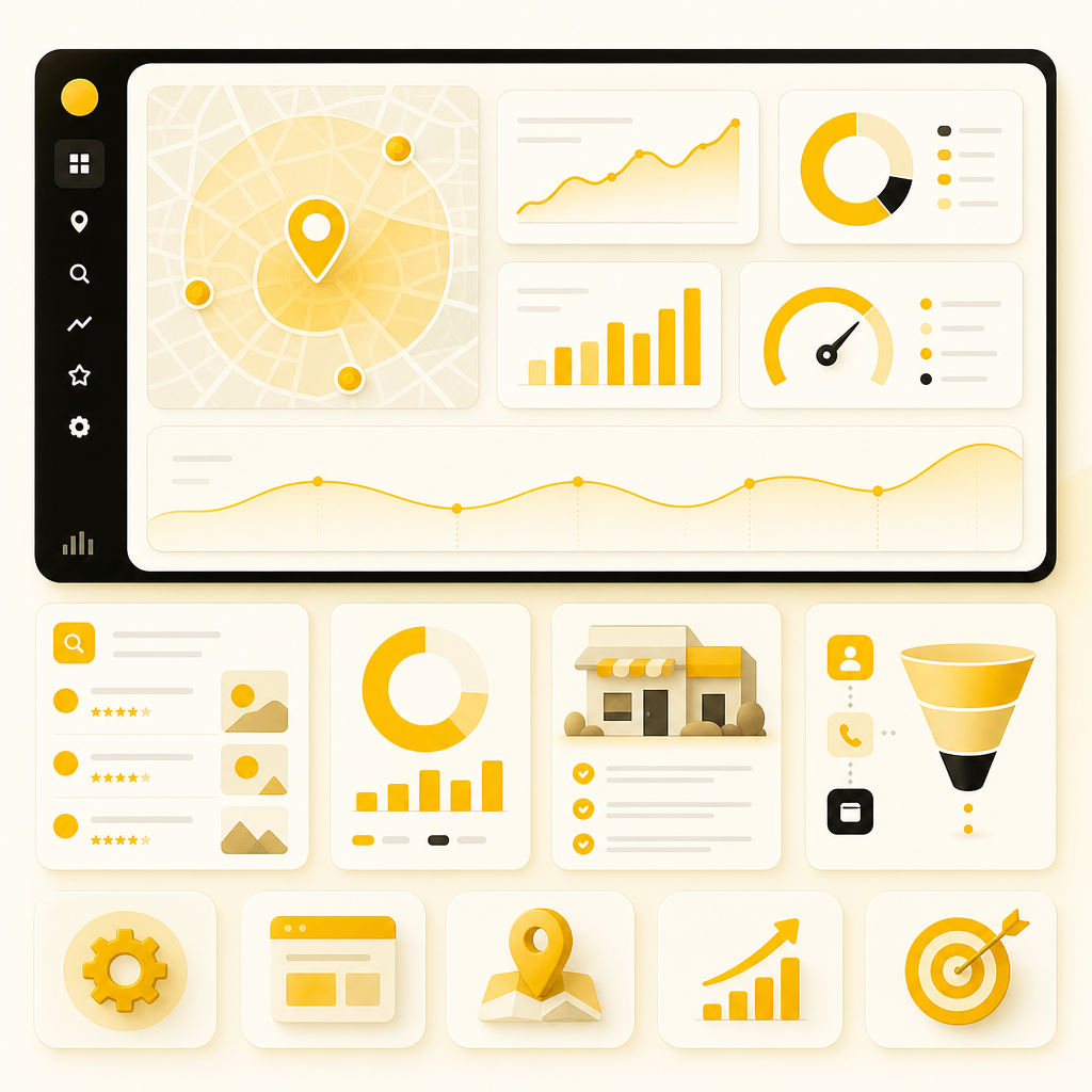 Dashboard-style illustration representing local SEO visibility, search performance, and conversion improvements.