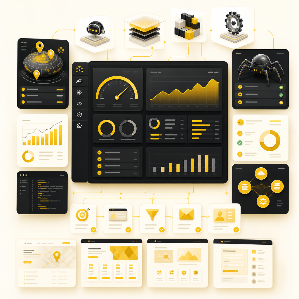 Technical dashboard illustration representing development, SEO strategy, performance optimization, and automated lead systems.