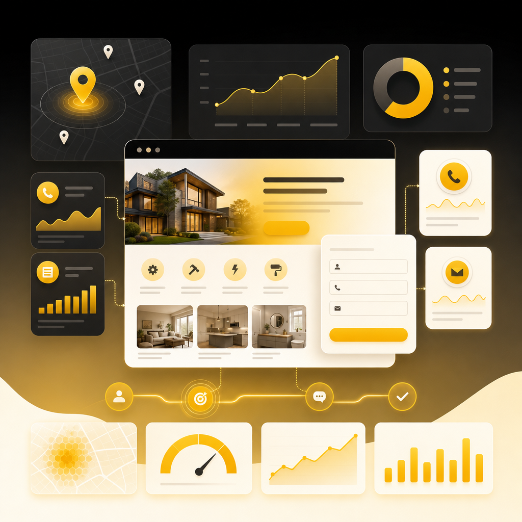 Modern dashboard illustration of local search intent, website engagement, and lead conversion flows.