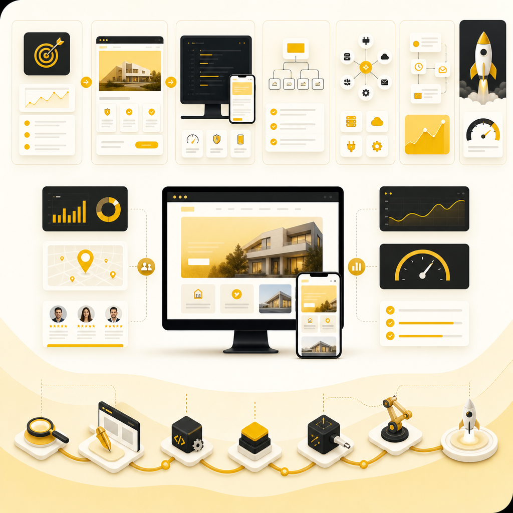 Workflow dashboard illustration showing strategy, development, SEO, integrations, automation, and launch optimization.