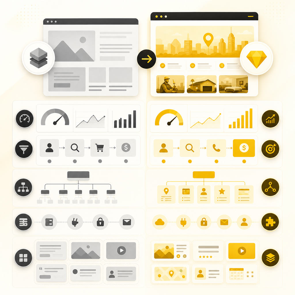 Dashboard illustration comparing template websites with custom local service website architecture.