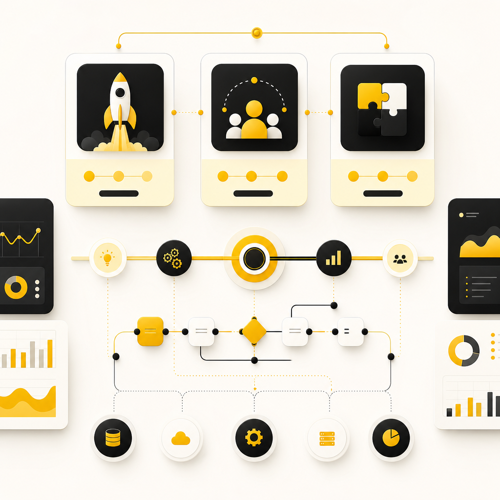 Abstract planning dashboard illustration with three engagement option panels and an integration timeline.