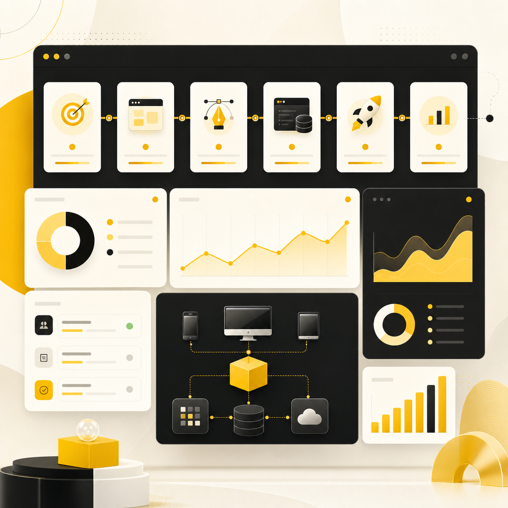 Abstract full-stack MVP workflow dashboard illustration showing step-by-step architecture and analytics panels.