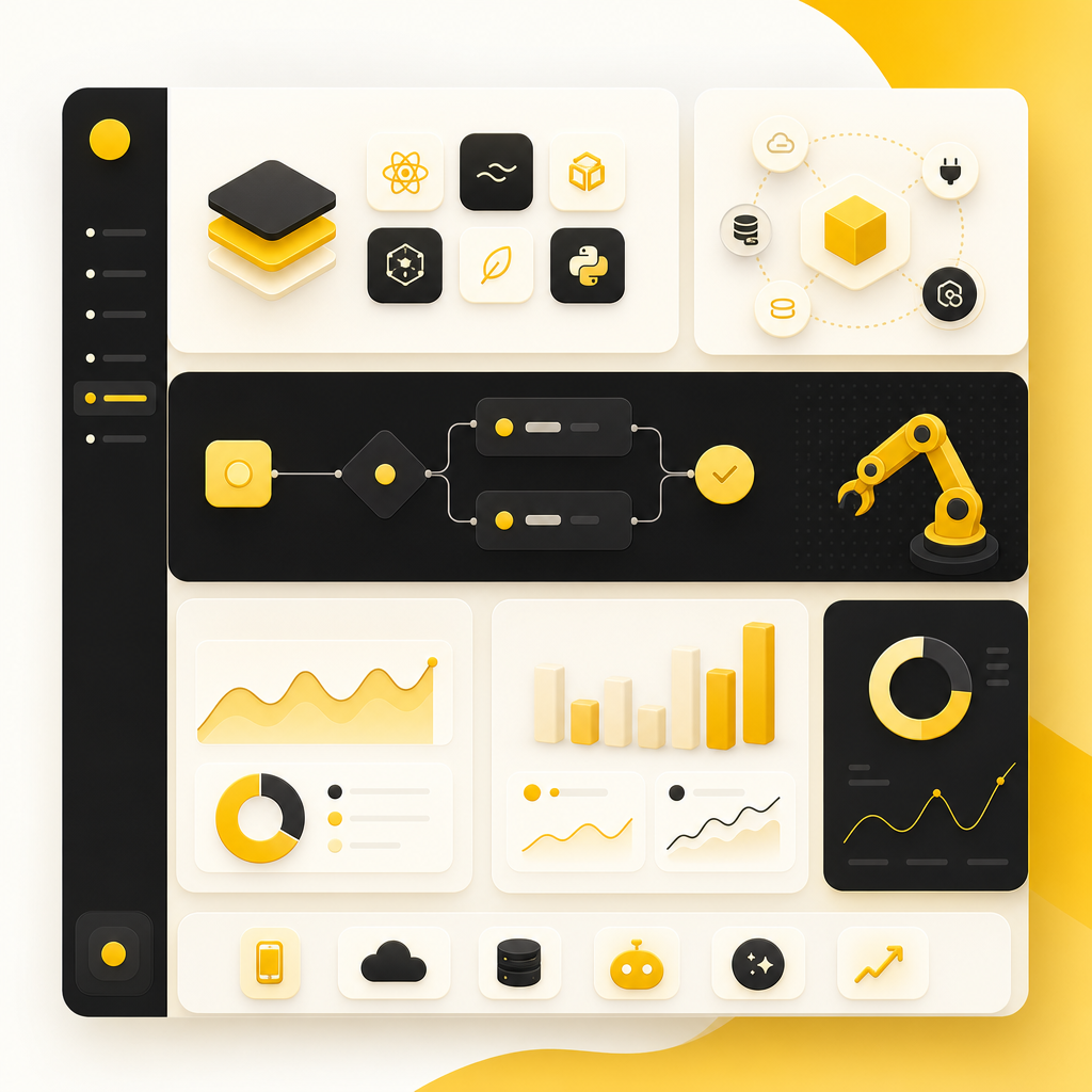 Abstract capability hub dashboard illustration with modular cards for APIs, automation, and analytics.