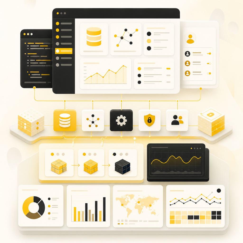 SaaS dashboard illustration representing startup infrastructure with APIs, data, roles, monitoring, security, deployment, and analytics