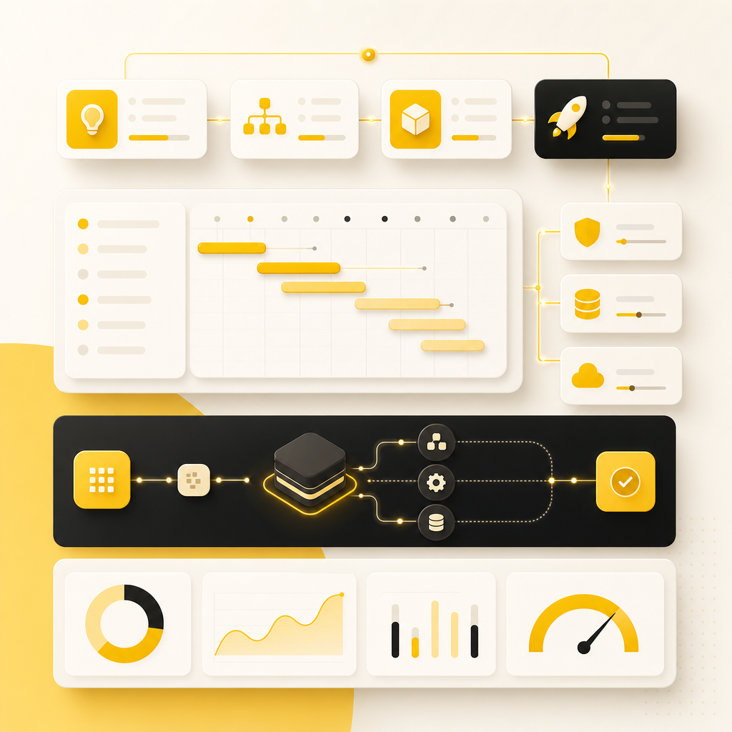 Dashboard-style illustration of planning, integrations, milestones, and launch readiness for startup technology execution