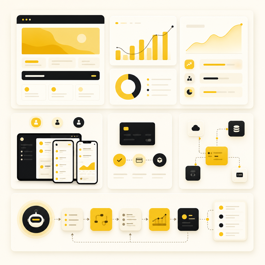 Dashboard-style illustration of founder-friendly case study patterns for websites, full-stack apps, SaaS, APIs, and AI automation