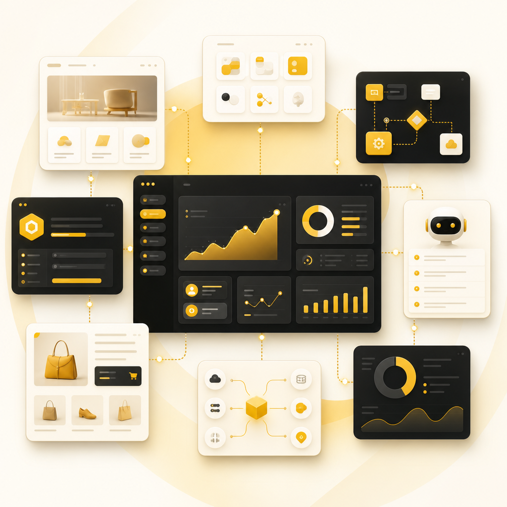 Dashboard-focused illustration of product infrastructure use cases including SaaS, e-commerce, integrations, and automation.