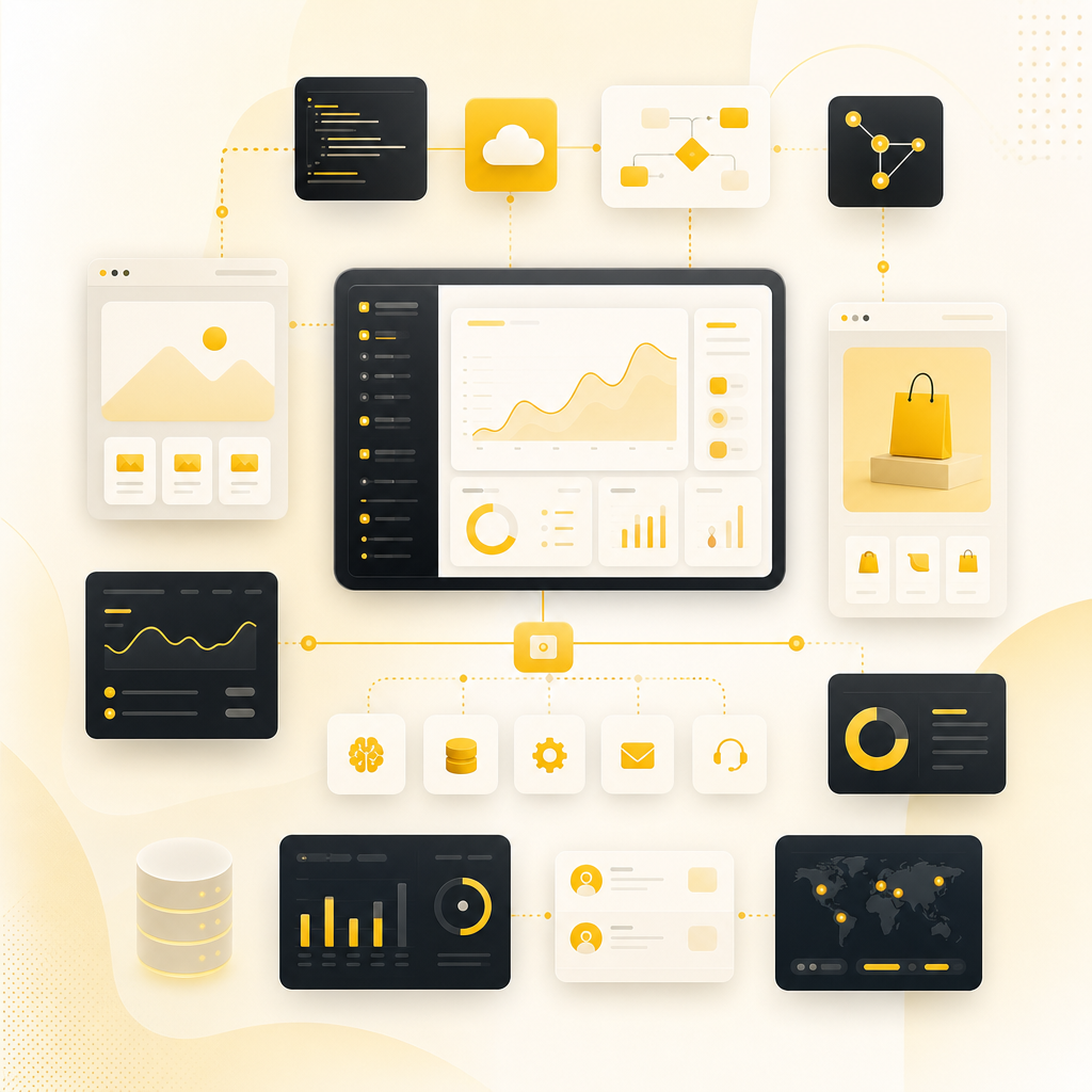 Dashboard-style illustration of connected startup infrastructure systems and automation workflows.