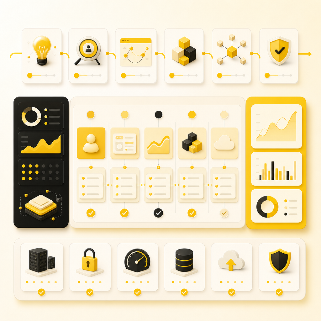SaaS dashboard illustration showing a step-by-step product roadmap for non-technical founders.