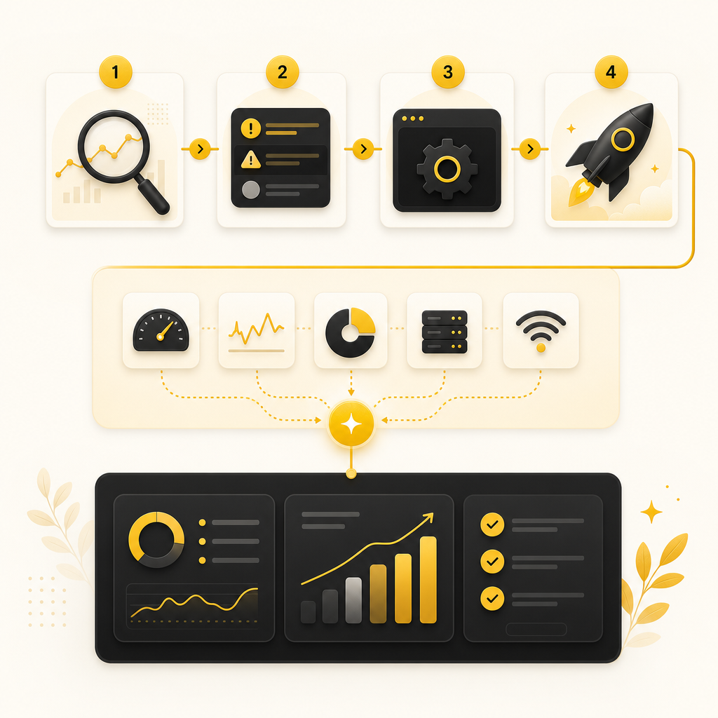 Illustration representing the step-by-step approach to improve slow websites and SEO together.