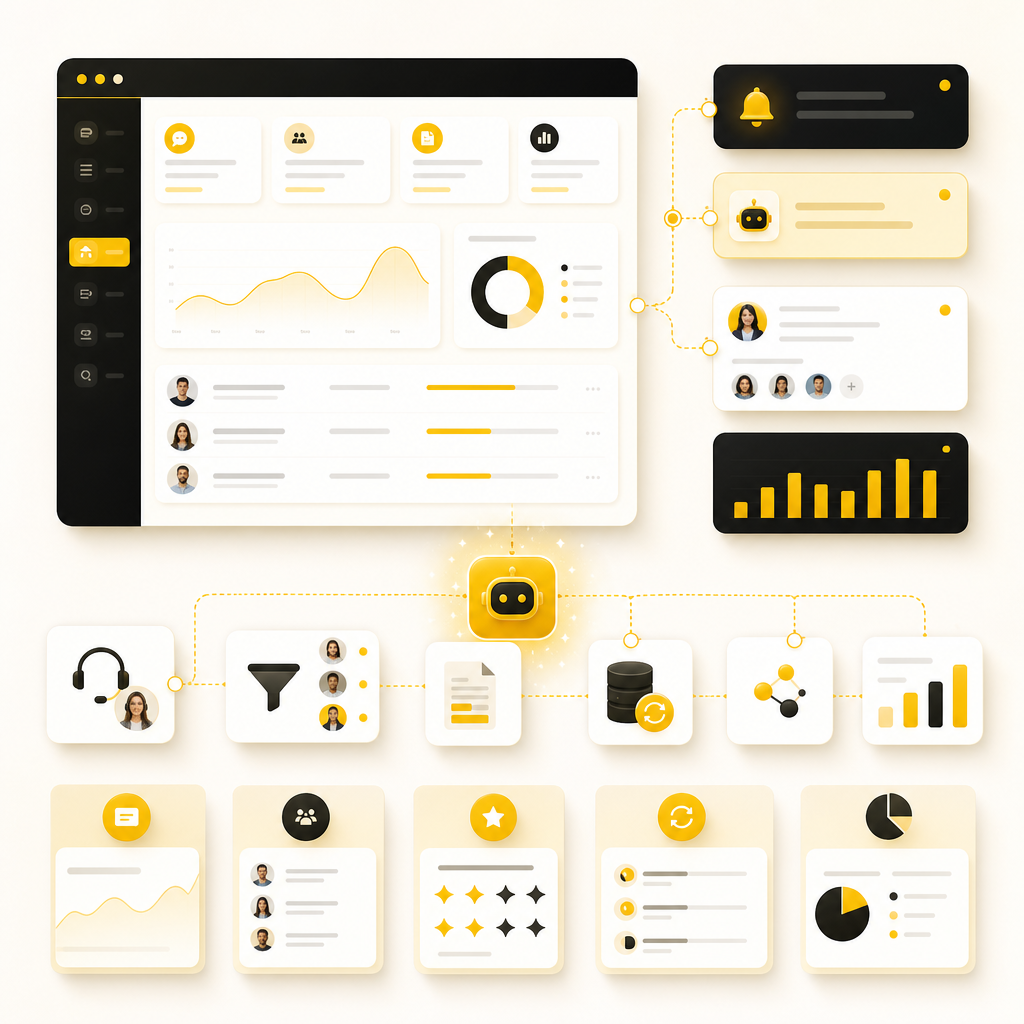AI-enabled automation dashboard with support, lead, document, and analytics workflow cards