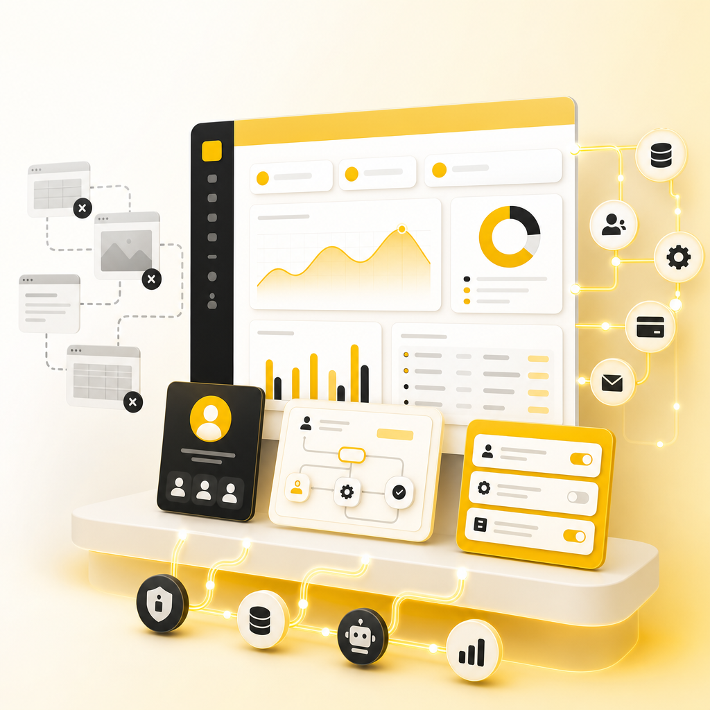 Custom web system dashboard with connected workflows and secure integration panels