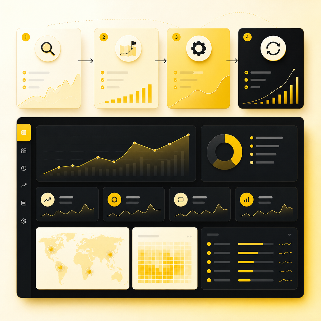 Illustration of a SaaS SEO process dashboard with step-based workflow cards and analytics panels.