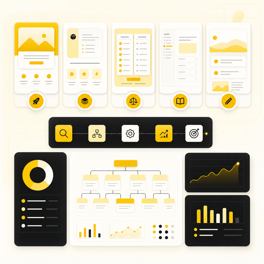 SaaS service module illustration showing page-type breakdown cards and workflow analytics visuals.