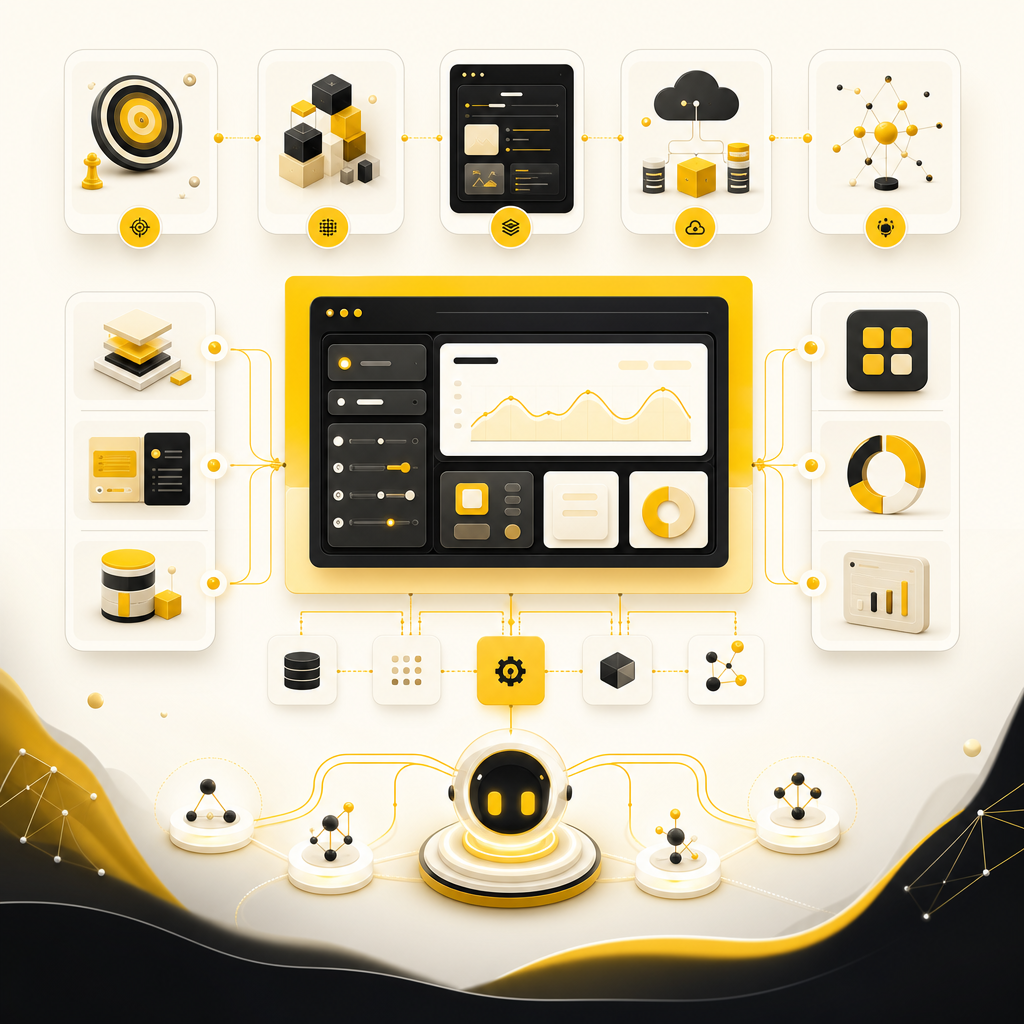 End-to-end scalable systems dashboard illustration showing architecture, full-stack development, integrations, SaaS, automation, and AI agent workflows.