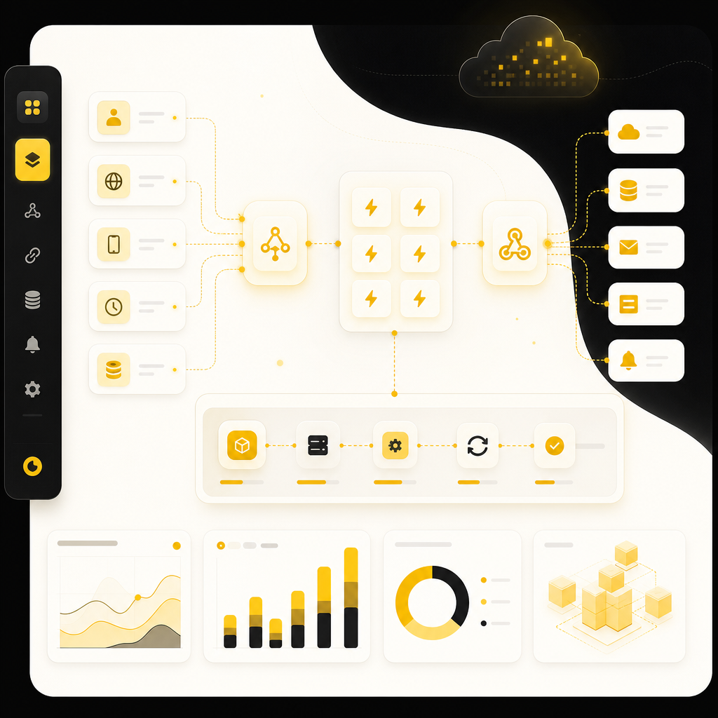 Serverless automation dashboard illustration with event-driven workflows, API endpoints, and background processing panels.