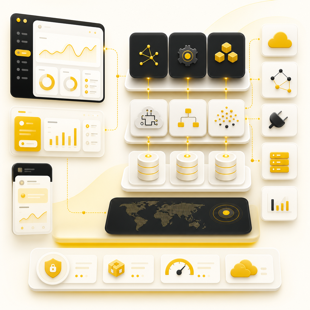 SaaS dashboard illustration representing full-stack development with frontend, backend, database, and API integration modules.