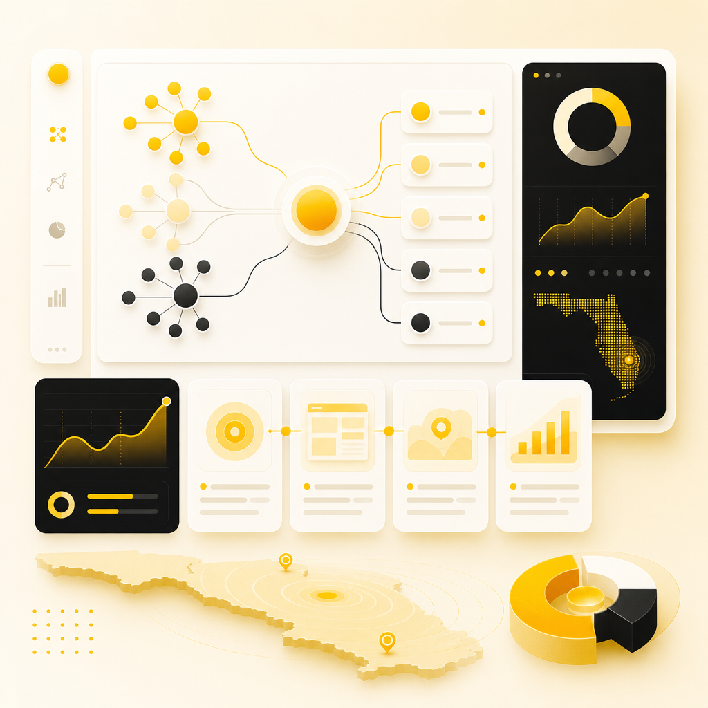 Abstract dashboard-style illustration representing keyword clusters and search intent mapping for Florida SEO.