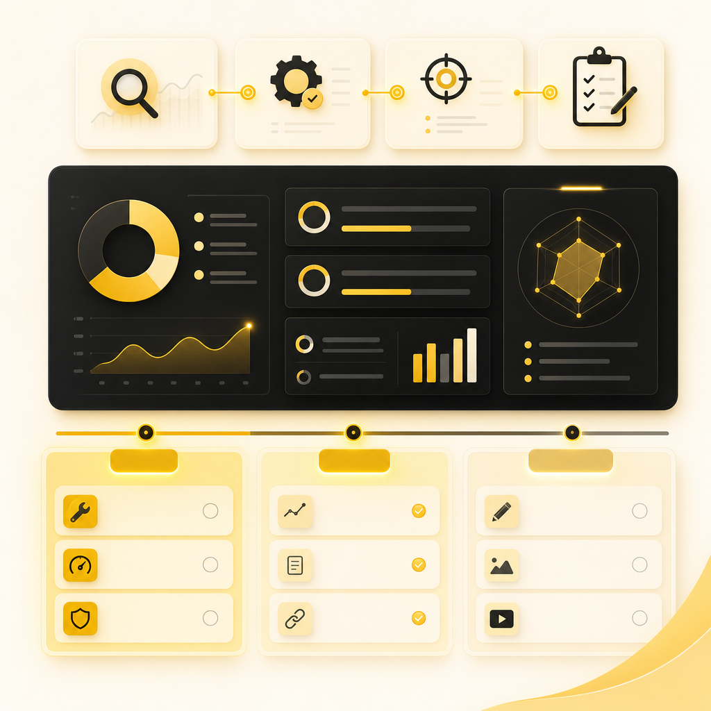 Abstract dashboard-style illustration representing an SEO audit process and prioritized roadmap steps.