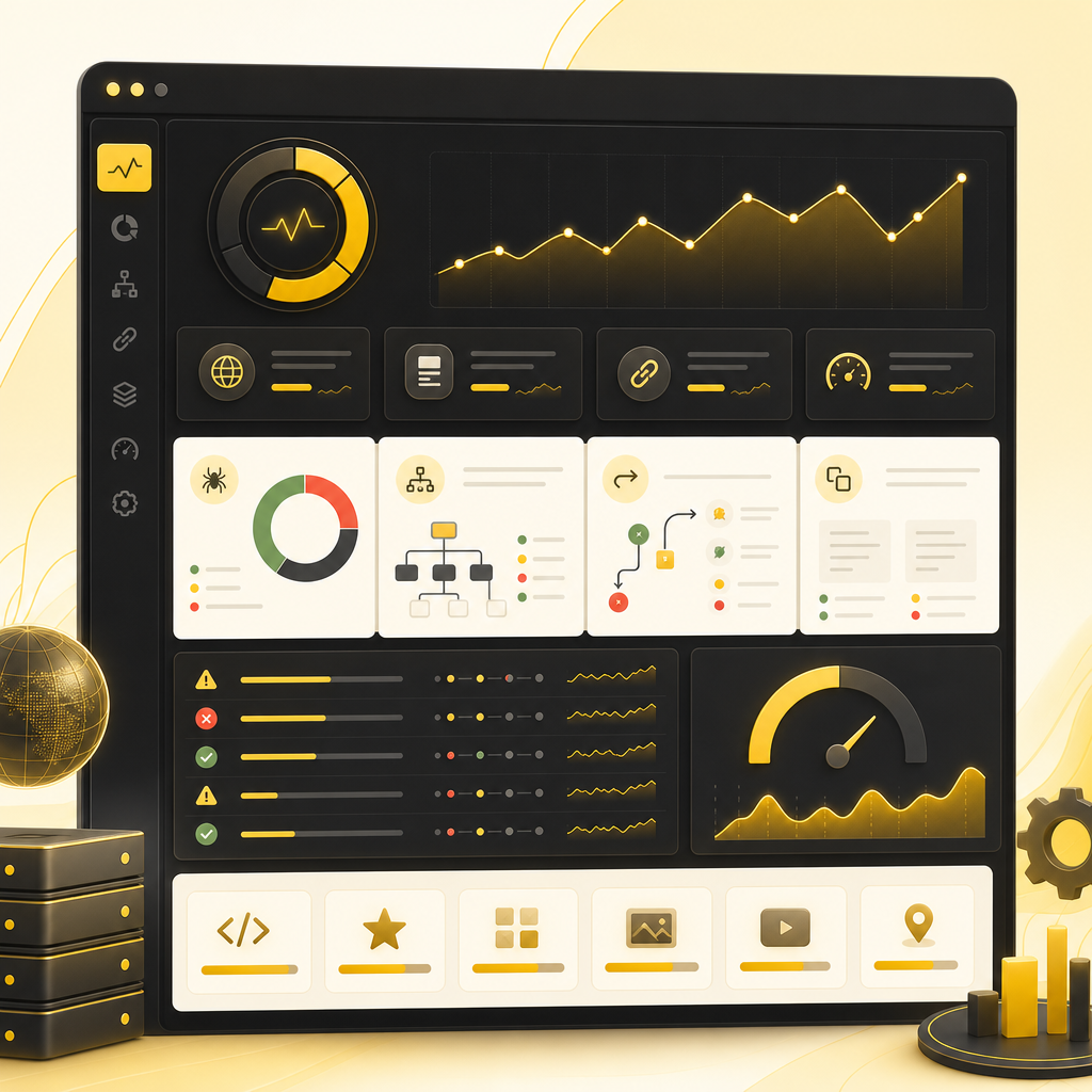 Illustration showing technical SEO health dashboard concepts for outdated websites