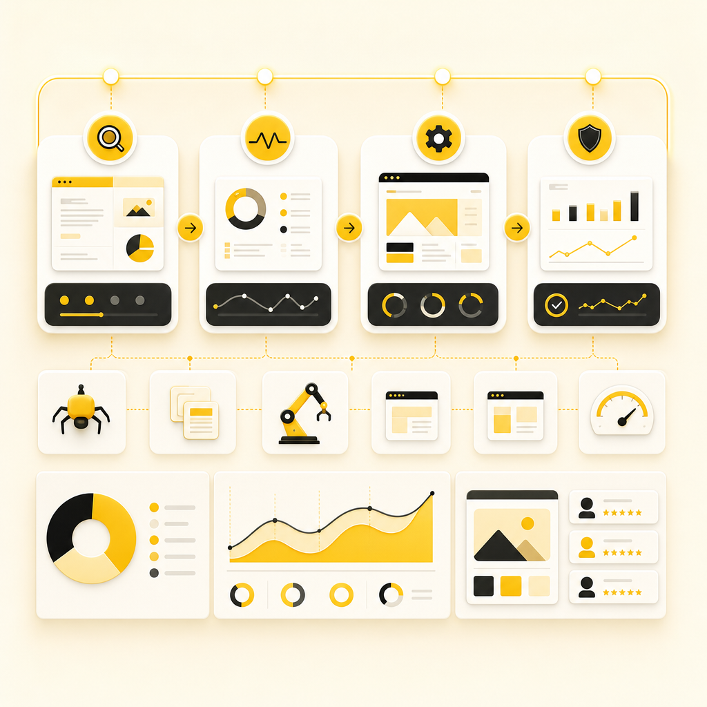 Illustration showing an SEO workflow from discovery to conversion