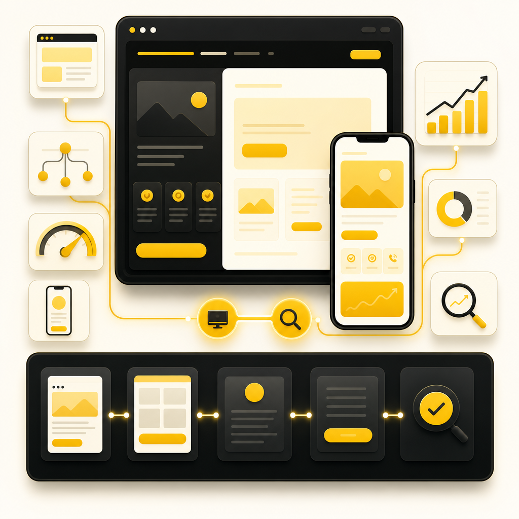 Web design and SEO dashboard illustration with responsive page layouts and conversion-focused interface panels.