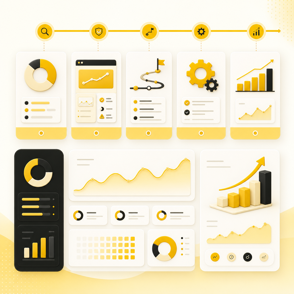 SEO process roadmap dashboard illustration with workflow cards, audit panels, and analytics visuals.