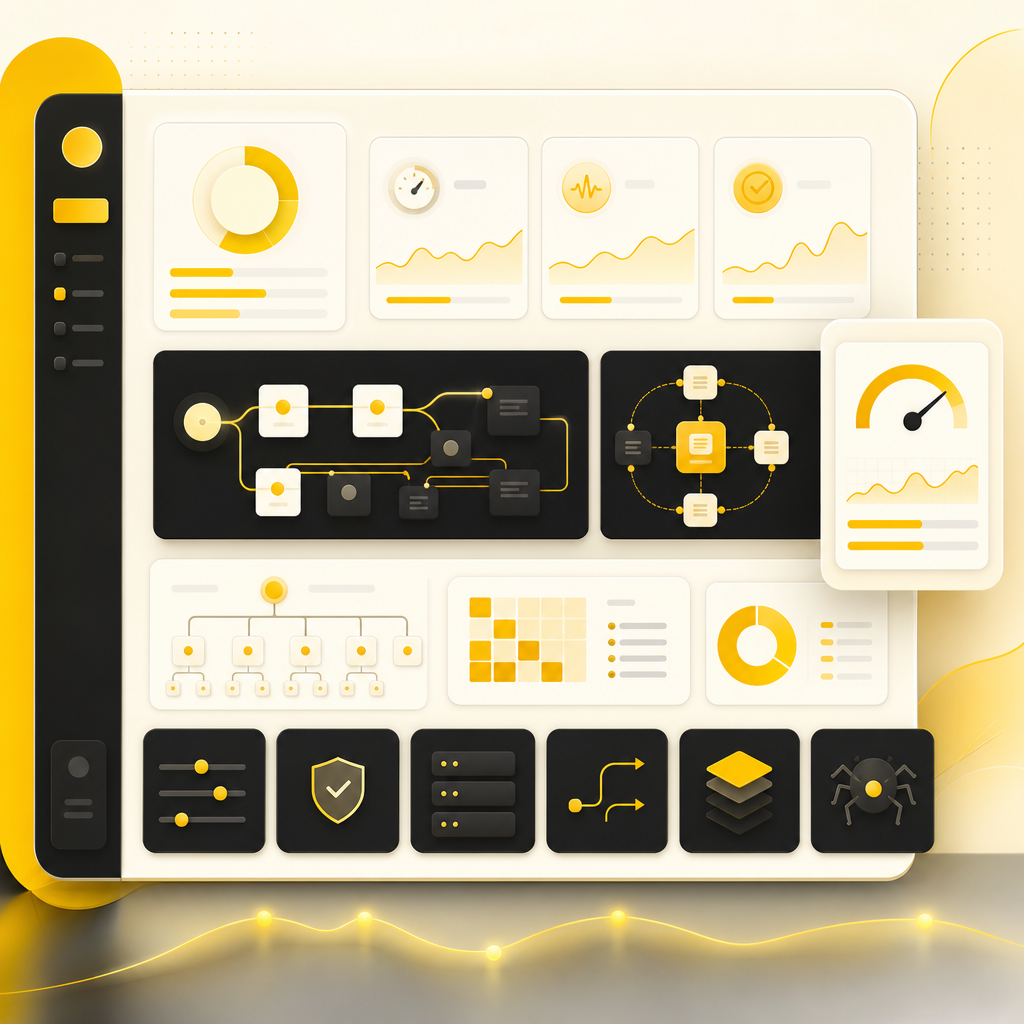 Technical SEO dashboard illustration showing performance, crawling, indexing, and site health visuals.