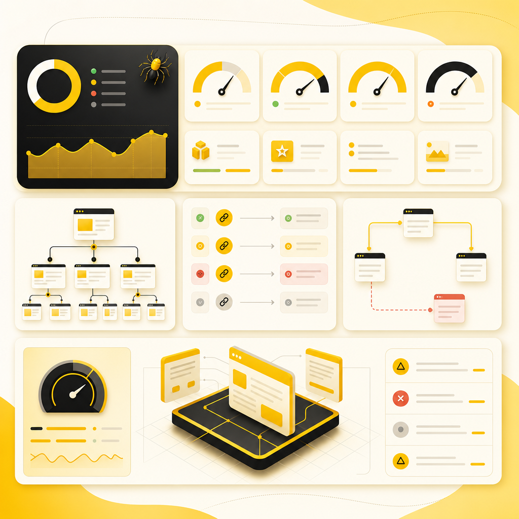 Technical SEO audit dashboard illustration showing crawlability, speed, structured data, and site architecture fixes