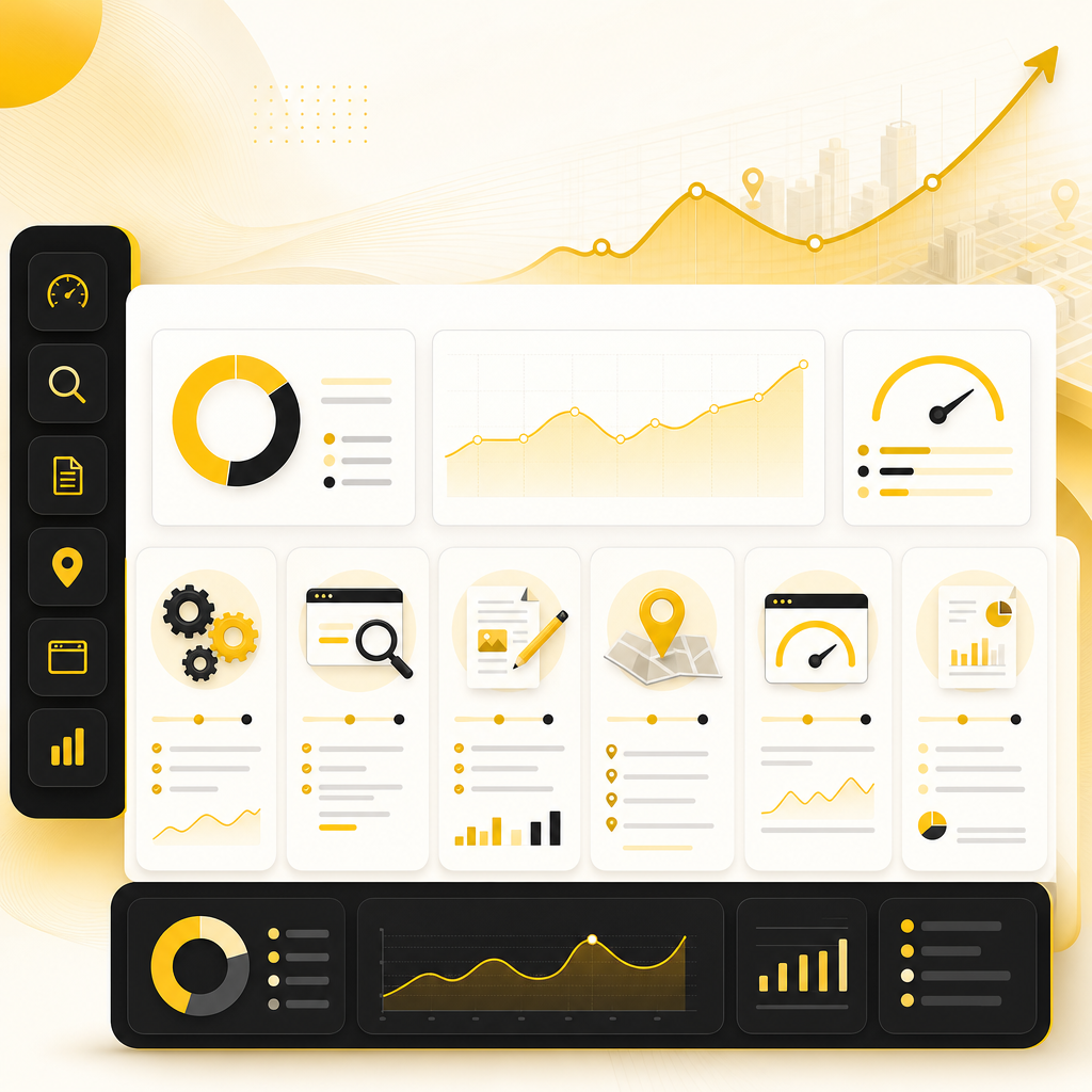 Dashboard-style illustration of connected SEO service workflows for small business growth