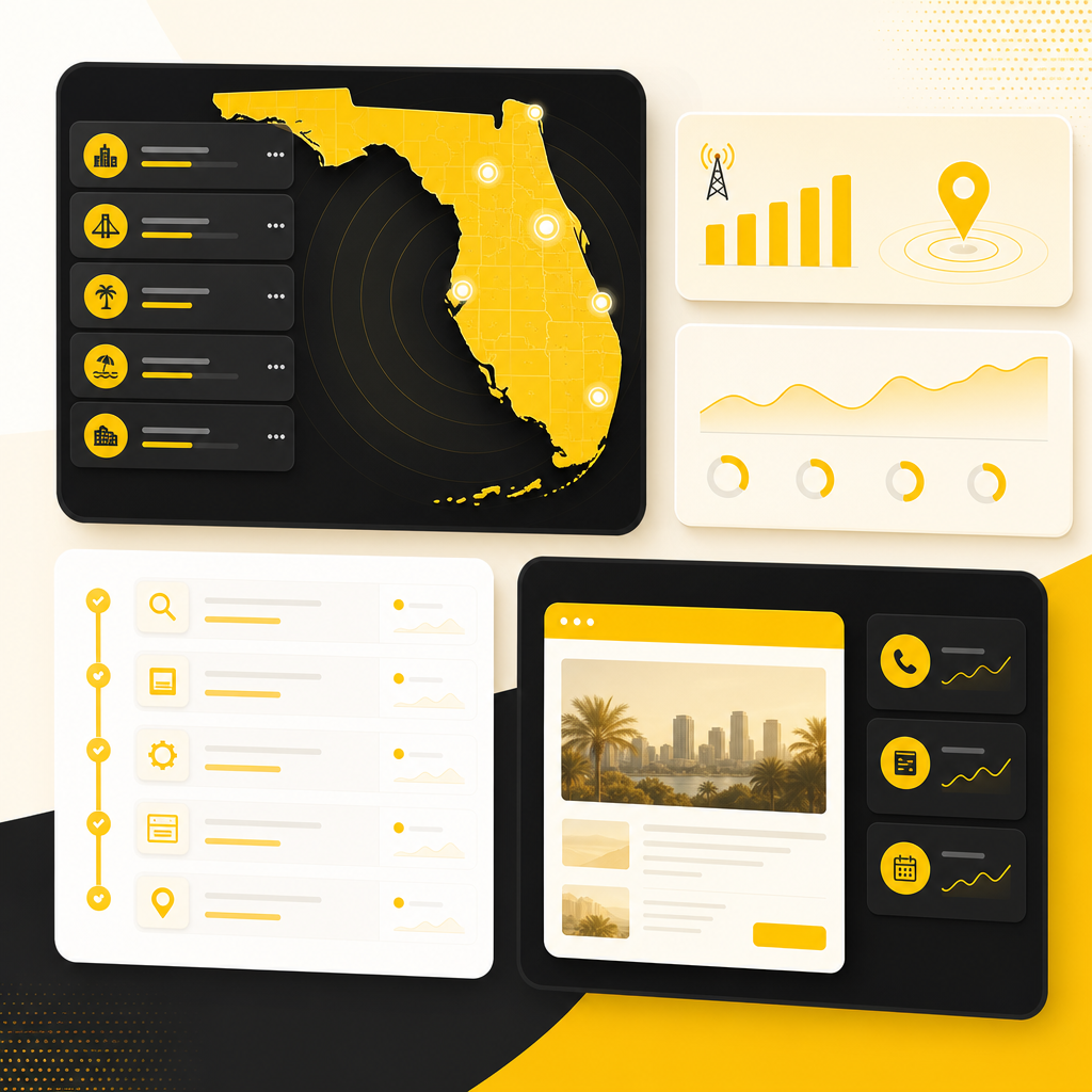 Abstract dashboard illustration representing local SEO signals and location-focused service visibility across Florida.
