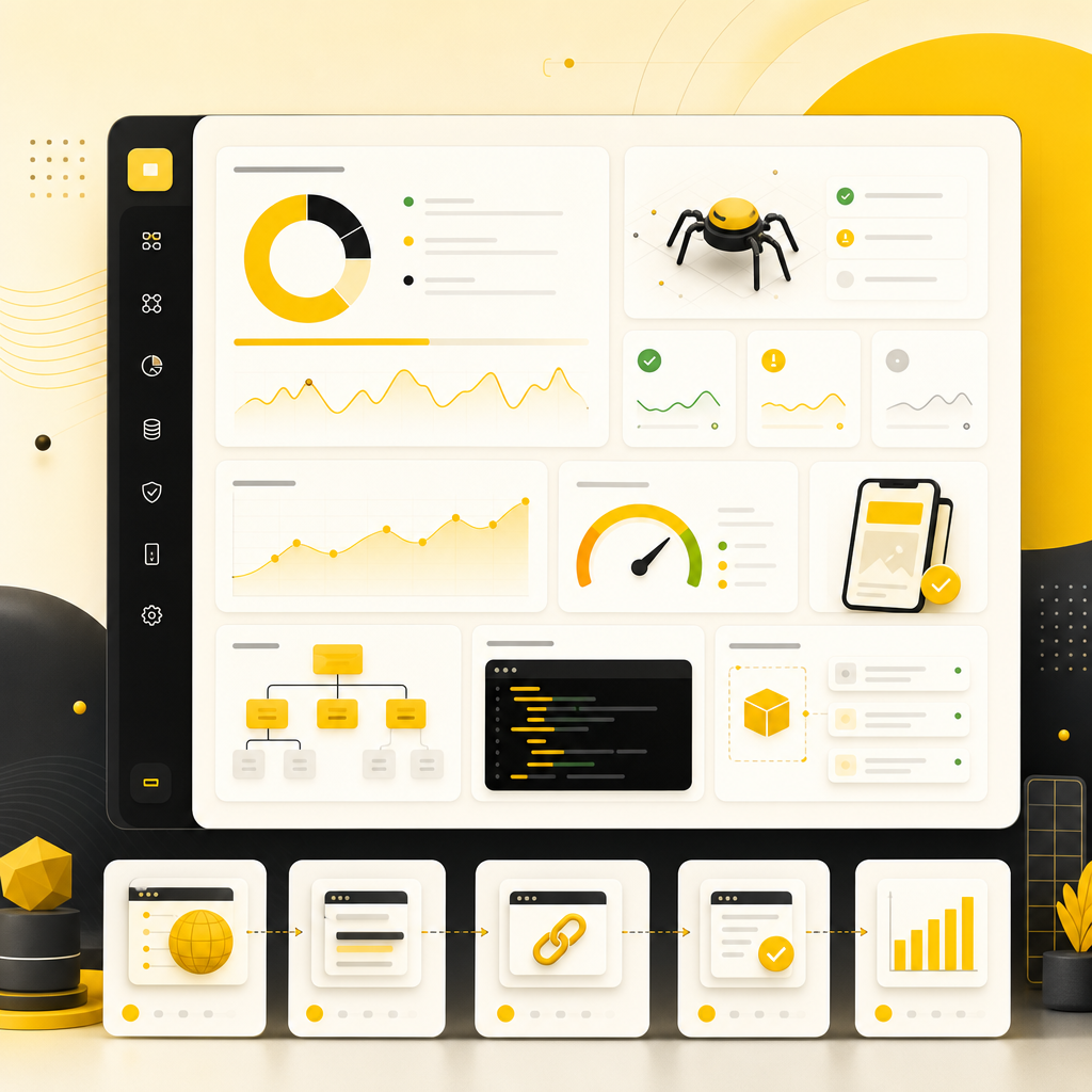Clean dashboard-style illustration representing technical SEO diagnostics, performance optimization, and crawl/index readiness.