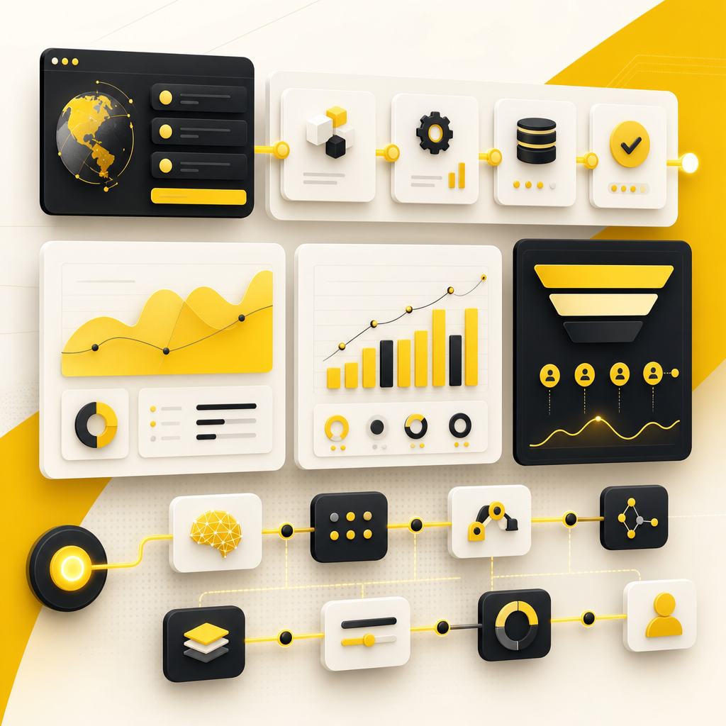 Premium dashboard-style illustration representing a full-stack SEO execution and automation workflow for lead outcomes.