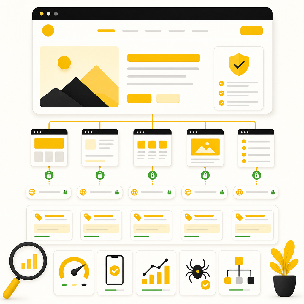 Illustration of SEO-first redesign elements: hierarchy, stable URLs, intentional metadata, and crawl-ready structure.