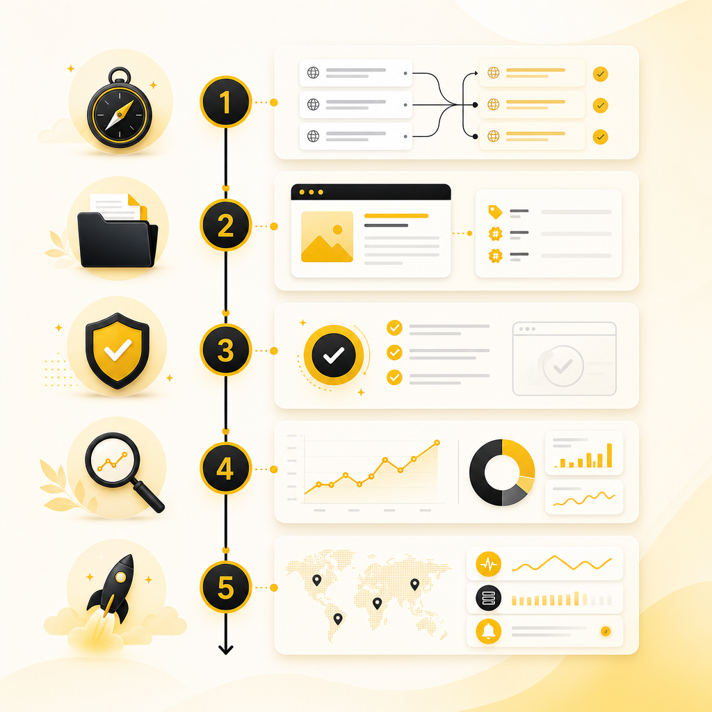Illustration of a seven-step pillar workflow for SEO-safe website redesign and migration.