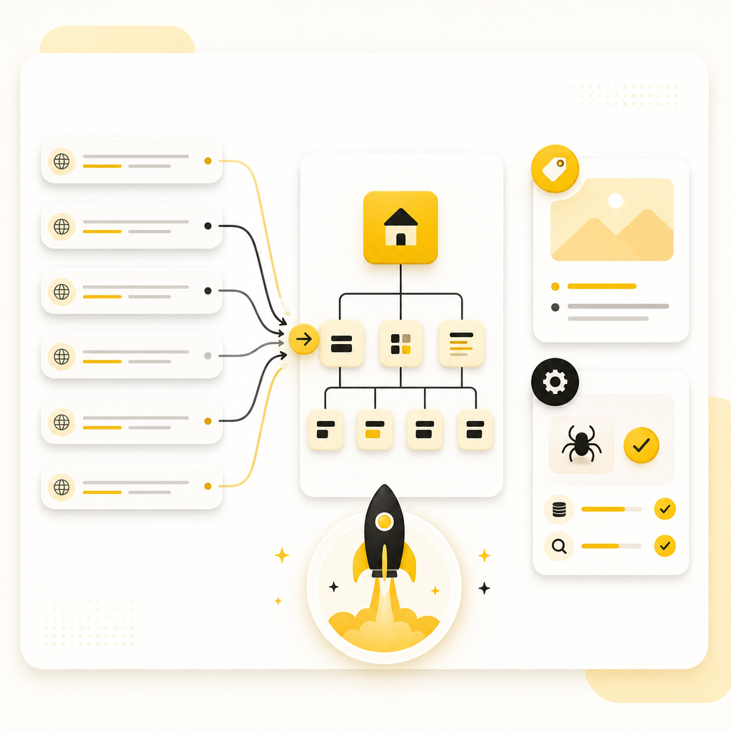 Illustration of website redesign SEO migration with redirects, metadata preservation, and technical launch validation.