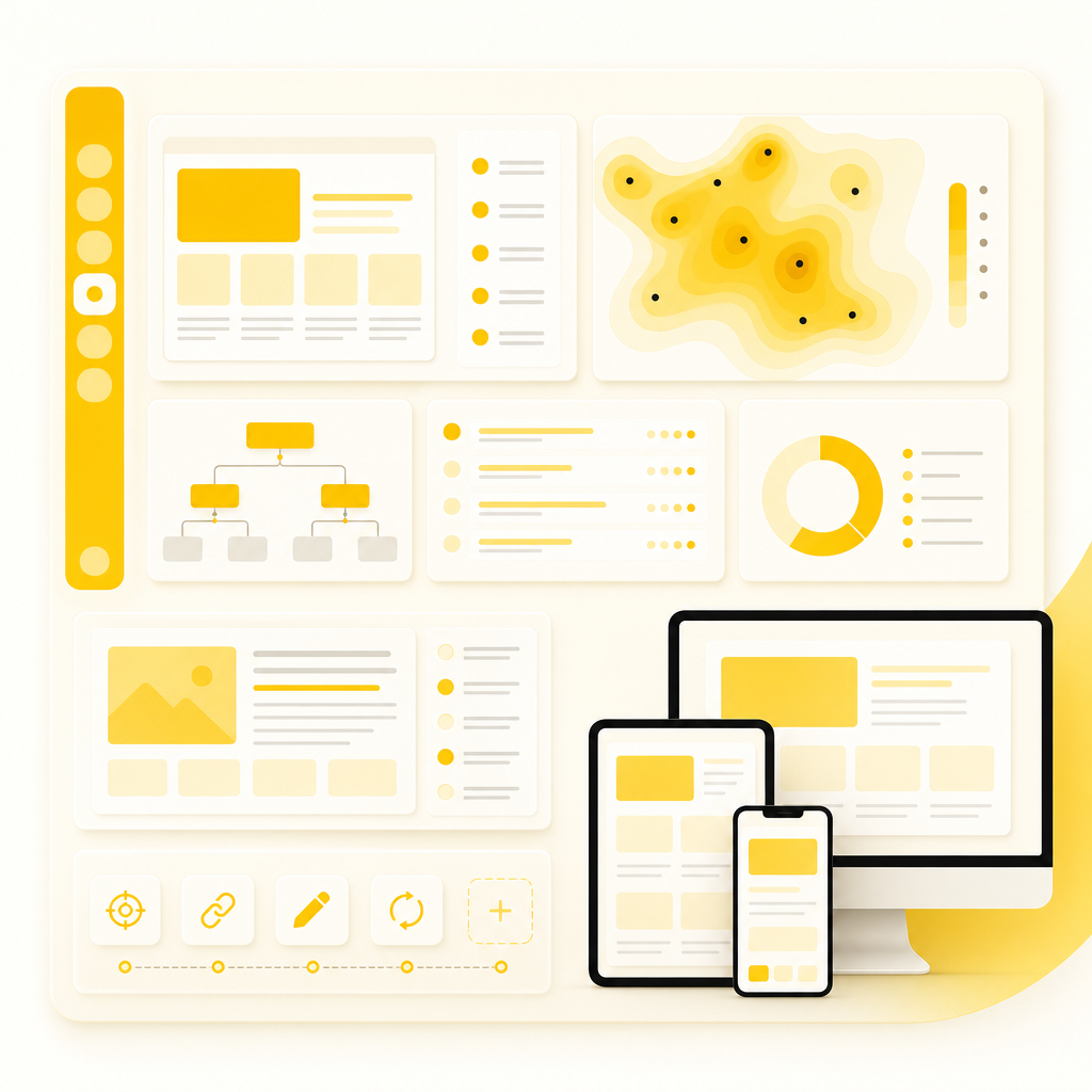 Modern illustration of on-page SEO content optimization with structured layout cards and analytics visuals.